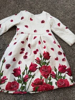Girls White Long-Sleeve Dress with Pink Rose Print
